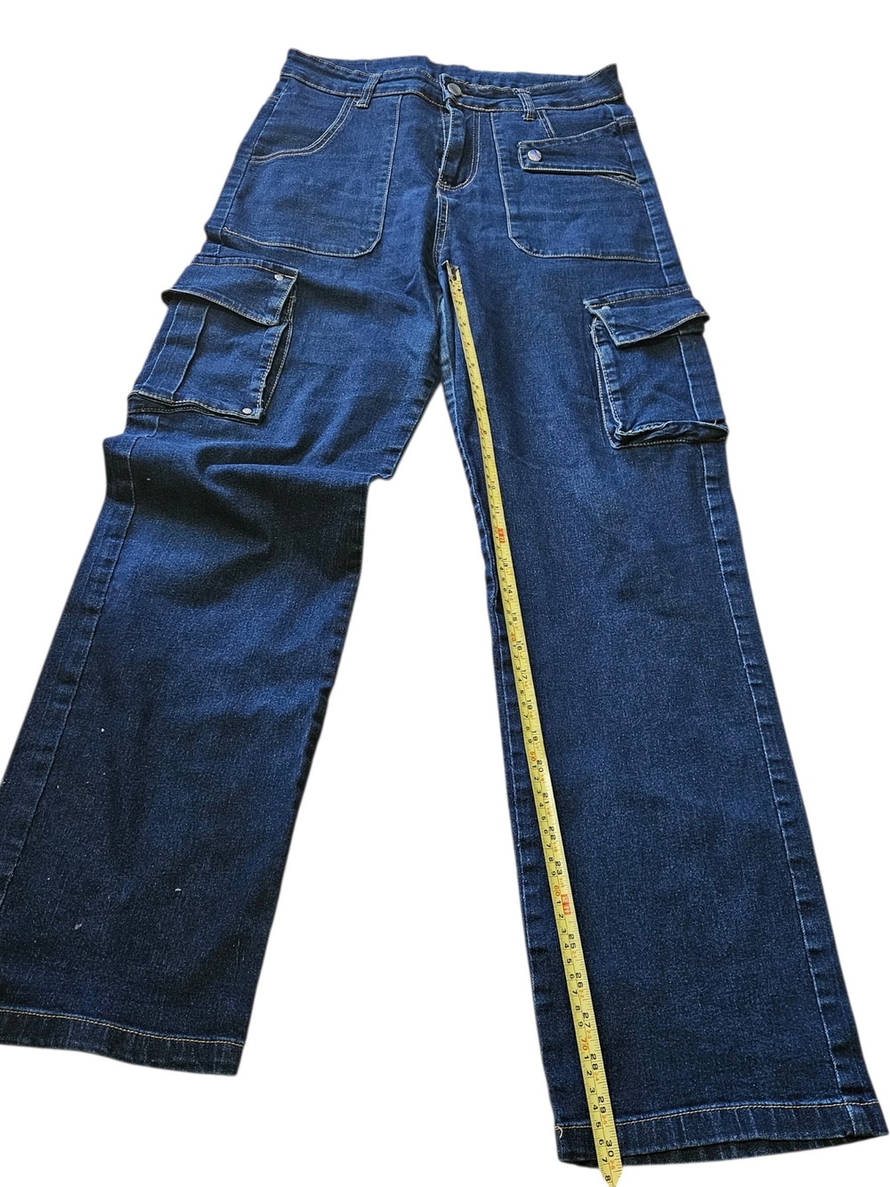 Y2K Wide Leg Denim Cargo Jeans Blue Utility Multi-Pocket Mid High Rise Size M/L - Picture 3 of 7
